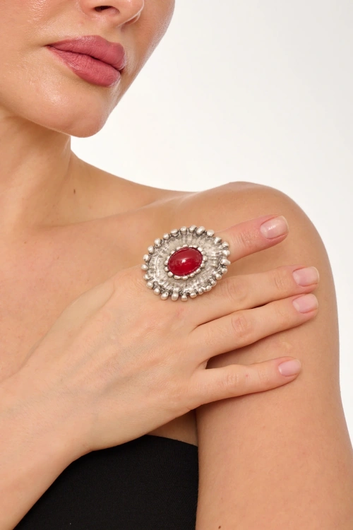 Kiraz Burgundy Stoned Silver Plated Ring