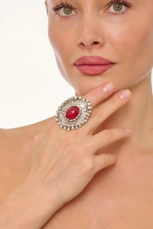 Kiraz Burgundy Stoned Silver Plated Ring