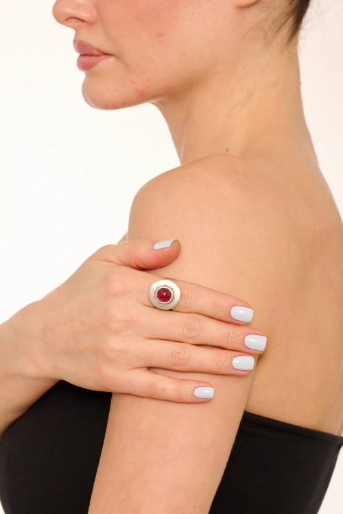 Kiraz Burgundy Stoned Silver Plated Ring