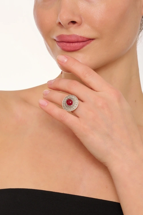 Kiraz Burgundy Stoned Silver Plated Ring