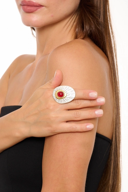 Kiraz Burgundy Stoned Silver Plated Ring