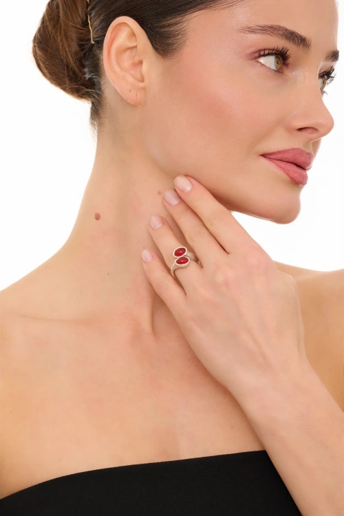 Kiraz Burgundy Stoned Silver Plated Ring