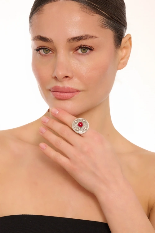 Kiraz Burgundy Stoned Silver Plated Ring