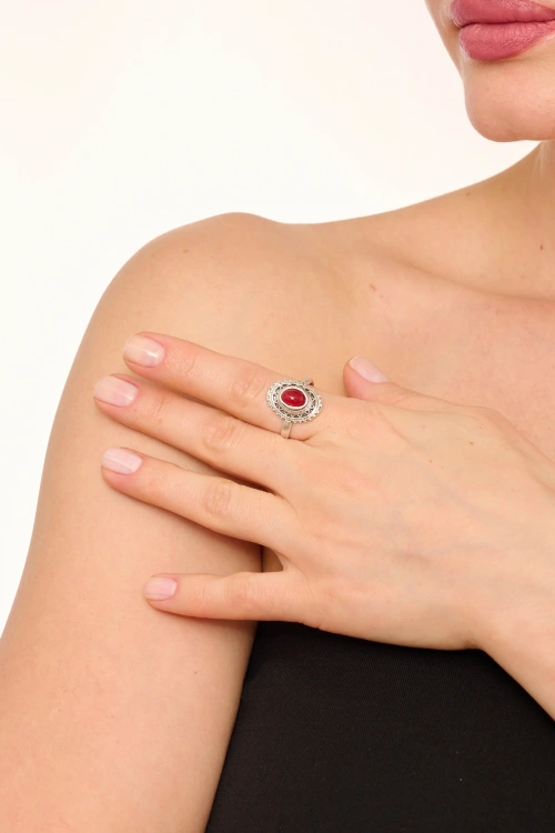Kiraz Burgundy Stoned Silver Plated Ring