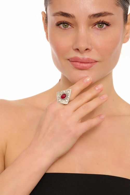 Kiraz Burgundy Stoned Silver Plated Ring