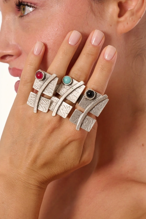 Kiraz Burgundy Stoned Silver Plated Ring