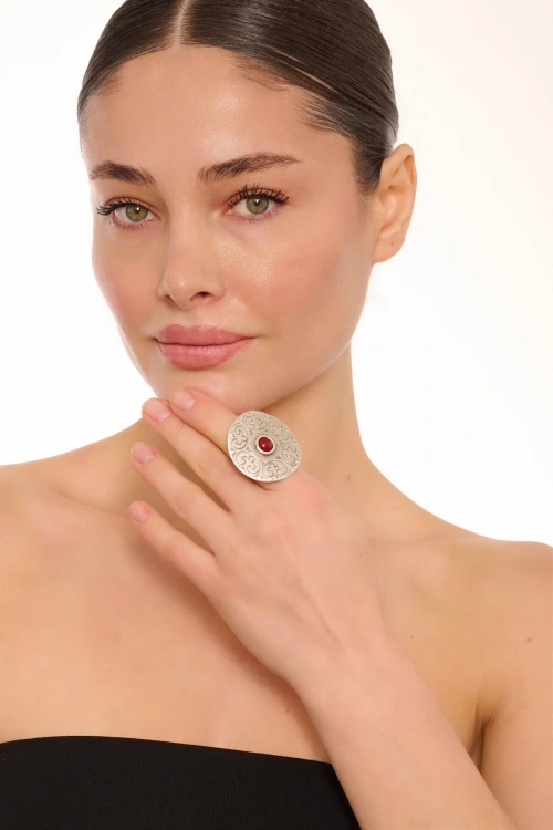 Kiraz Burgundy Stoned Silver Plated Ring