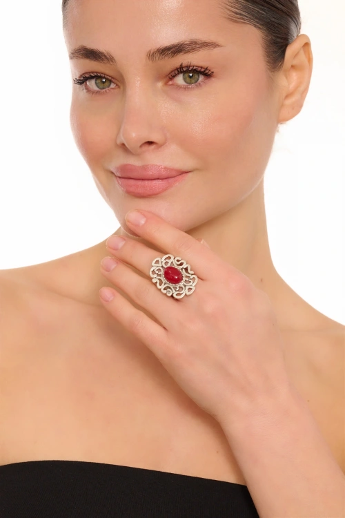 Kiraz Burgundy Stoned Silver Plated Ring