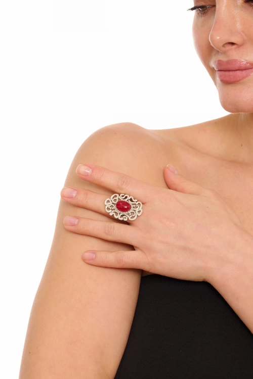Kiraz Burgundy Stoned Silver Plated Ring