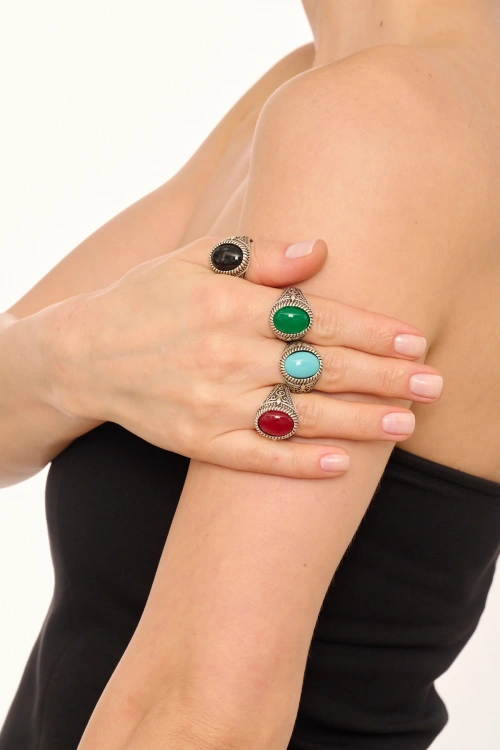 Kiraz Burgundy Stoned Silver Plated Ring