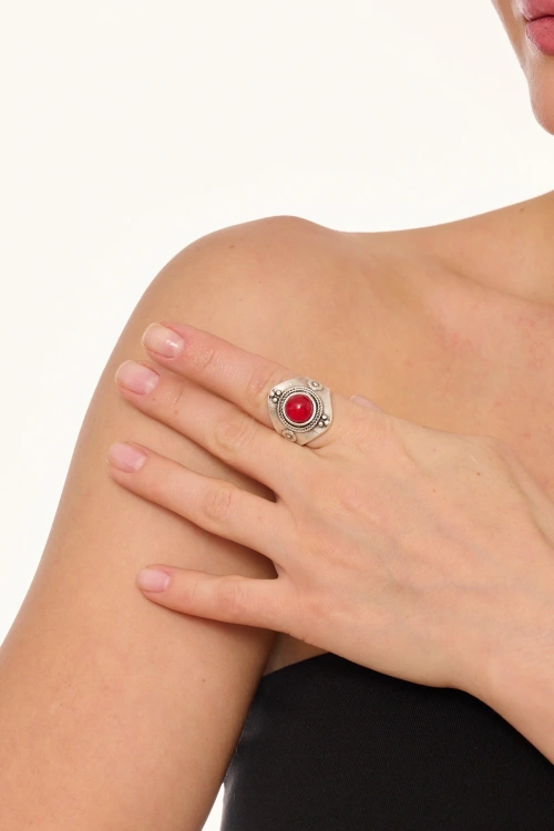 Kiraz Burgundy Stoned Silver Plated Ring