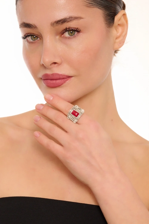 Kiraz Burgundy Stoned Silver Plated Ring