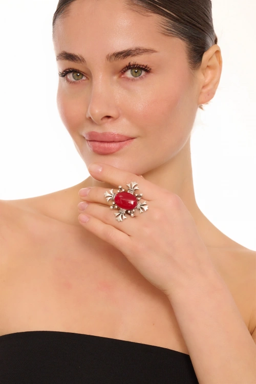 Kiraz Burgundy Stoned Silver Plated Ring