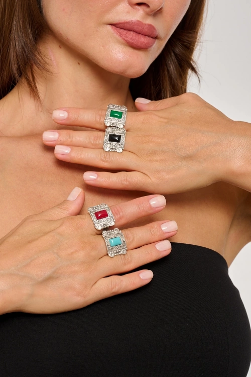 Kiraz Burgundy Stoned Silver Plated Ring