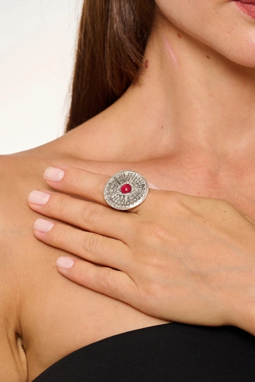 Kiraz Burgundy Stoned Silver Plated Ring