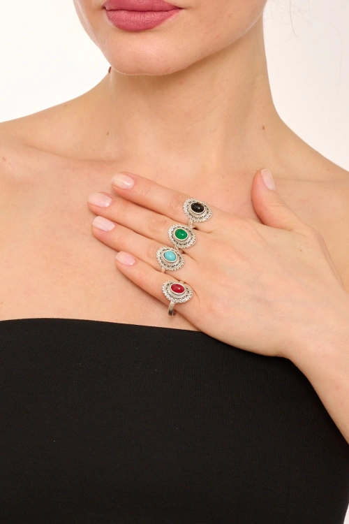 Kiraz Burgundy Stoned Silver Plated Ring