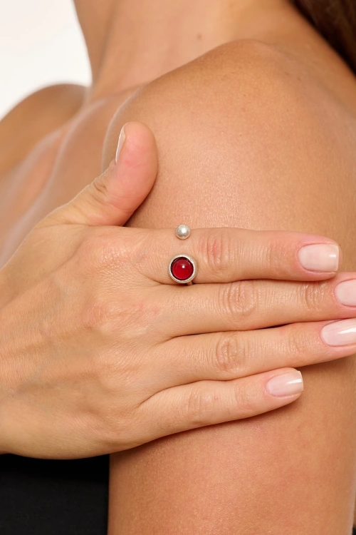 Kiraz Burgundy Stoned Silver Plated Ring