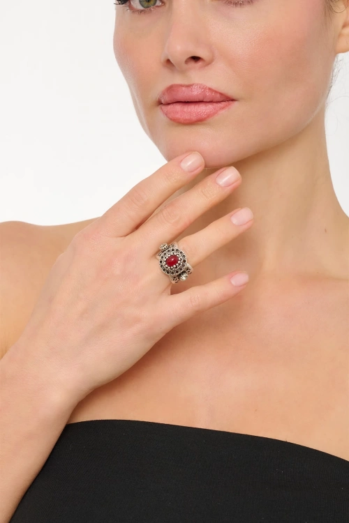 Kiraz Burgundy Stoned Silver Plated Ring