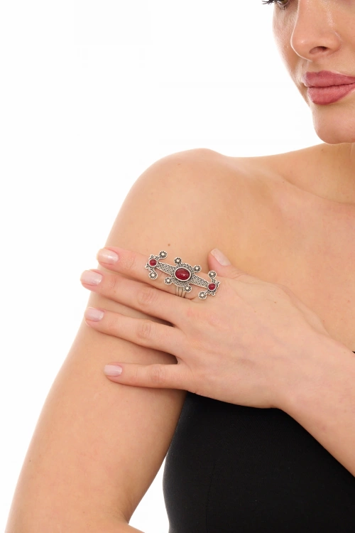 Kiraz Burgundy Stoned Silver Plated Ring