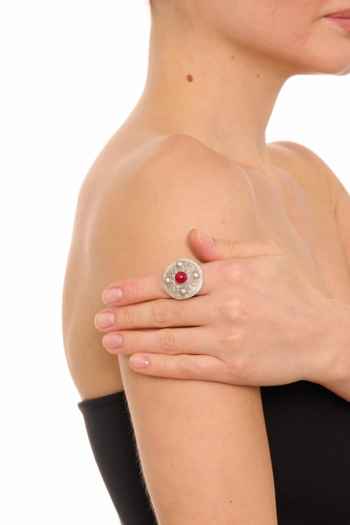 Kiraz Burgundy Stoned Silver Plated Ring