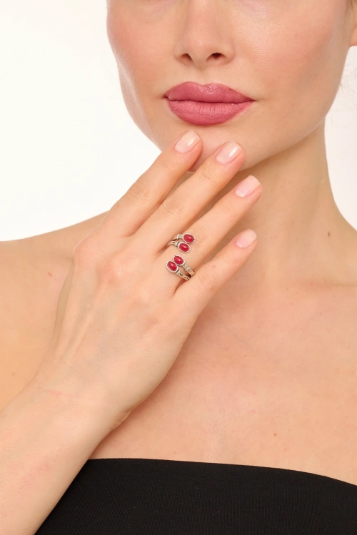 Kiraz Burgundy Stoned Silver Plated Ring