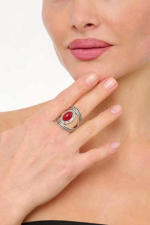 Kiraz Burgundy Stoned Silver Plated Ring