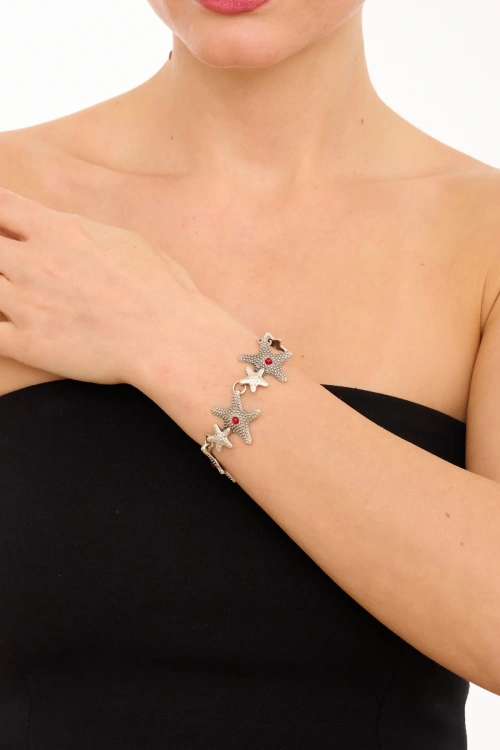 Kiraz Burgundy Stoned Silver Plated Seashell Bracelet