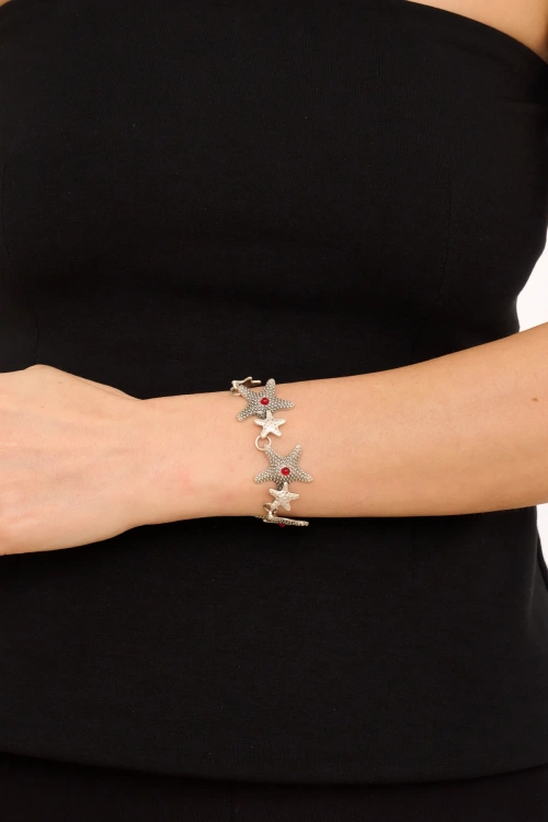 Kiraz Burgundy Stoned Silver Plated Seashell Bracelet