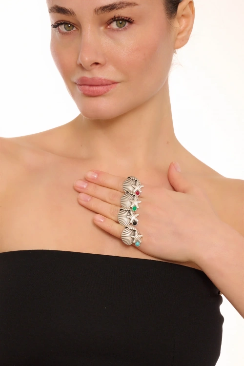 Kiraz Burgundy Stoned Silver Plated Seashell Ring