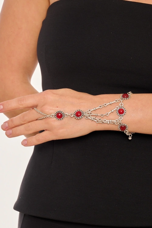 Kiraz Burgundy Stoned Silver Plated Shahmaran Bracelet
