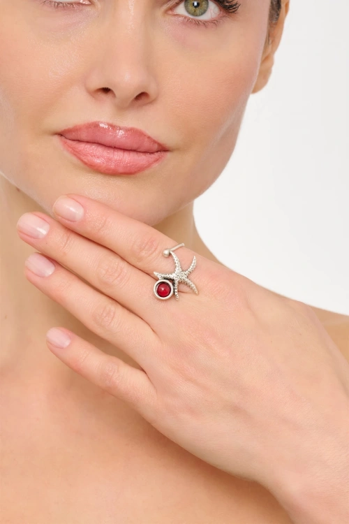 Kiraz Burgundy Stoned Silver Plated Starfish Ring