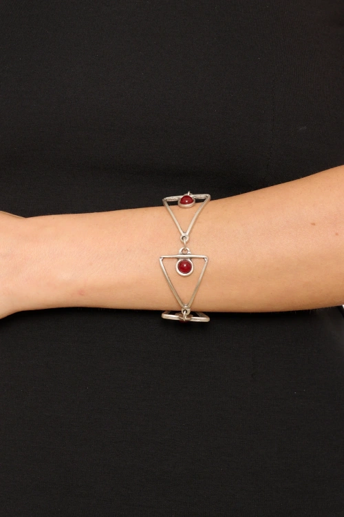 Kiraz Burgundy Stoned Silver Plated Triangle Bracelet