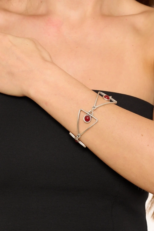 Kiraz Burgundy Stoned Silver Plated Triangle Bracelet