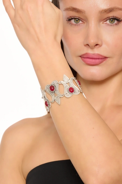 Kiraz Burgundy Stoned Silver Plated Tulip Bracelet