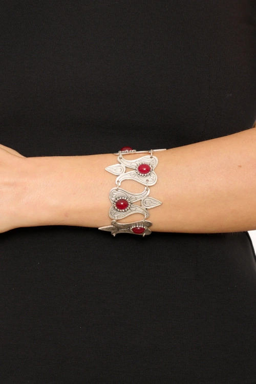 Kiraz Burgundy Stoned Silver Plated Tulip Bracelet