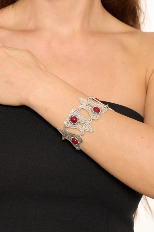 Kiraz Burgundy Stoned Silver Plated Tulip Bracelet