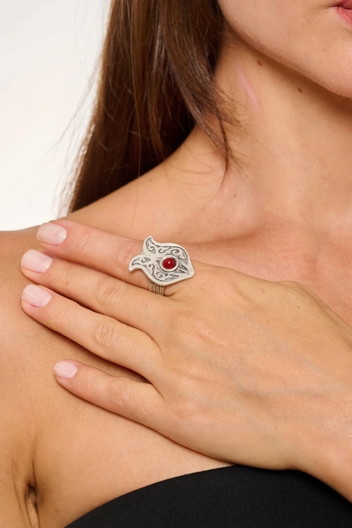 Kiraz Burgundy Stoned Silver Plated Tulip Ring