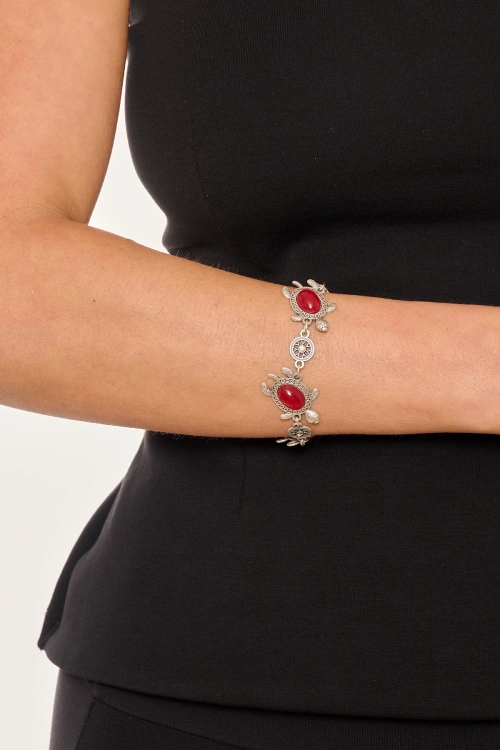 Kiraz Burgundy Stoned Silver Plated Turtle Bracelet