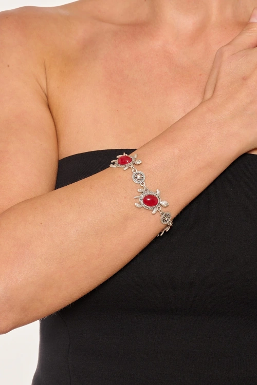 Kiraz Burgundy Stoned Silver Plated Turtle Bracelet