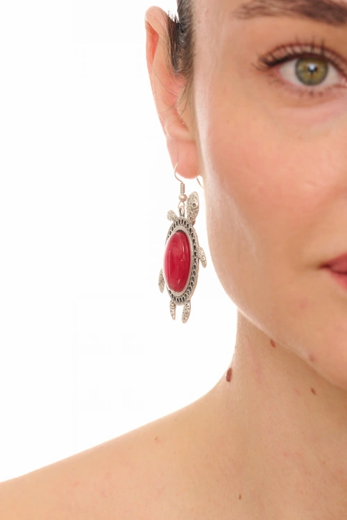 Kiraz Burgundy Stoned Silver Plated Turtle Earring