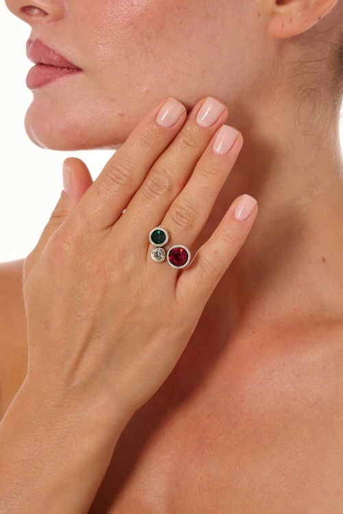 Kiraz Colorful Crystal Stoned Silver Plated Ring