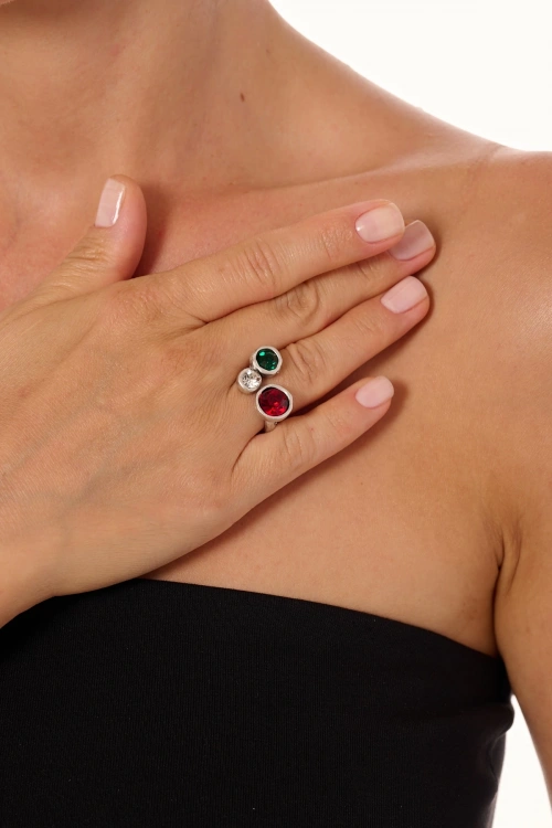 Kiraz Colorful Crystal Stoned Silver Plated Ring