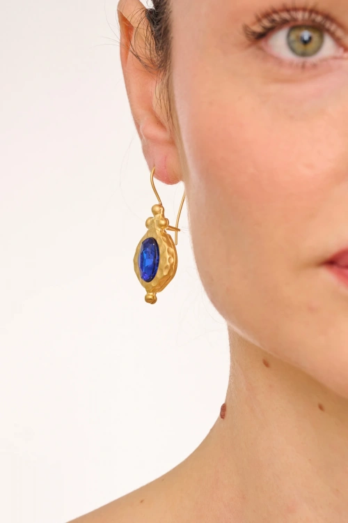 Kiraz Dark Blue Crystal Stoned Gold Plated Earring