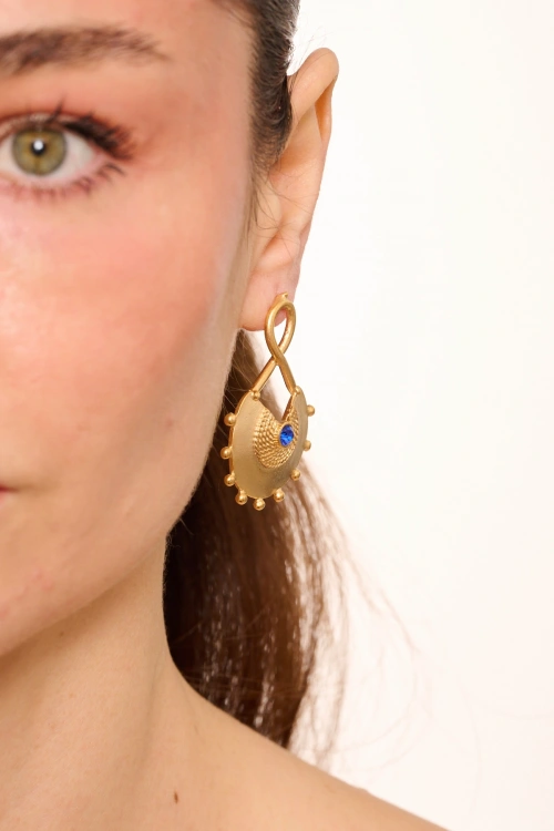 Kiraz Dark Blue Crystal Stoned Gold Plated Earring