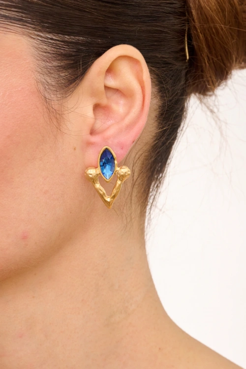 Kiraz Dark Blue Crystal Stoned Gold Plated Earring