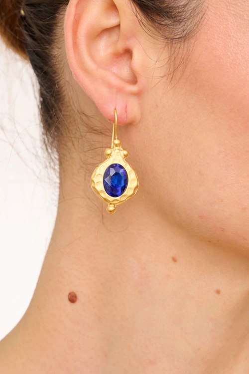 Kiraz Dark Blue Crystal Stoned Gold Plated Earring