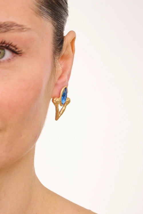 Kiraz Dark Blue Crystal Stoned Gold Plated Earring