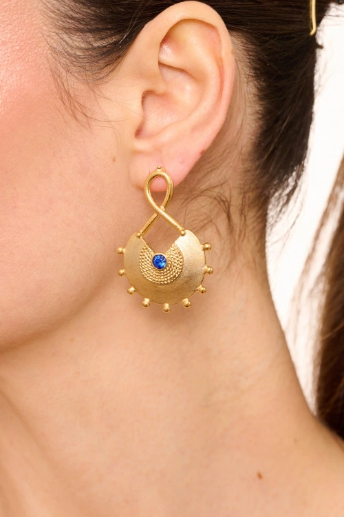 Kiraz Dark Blue Crystal Stoned Gold Plated Earring