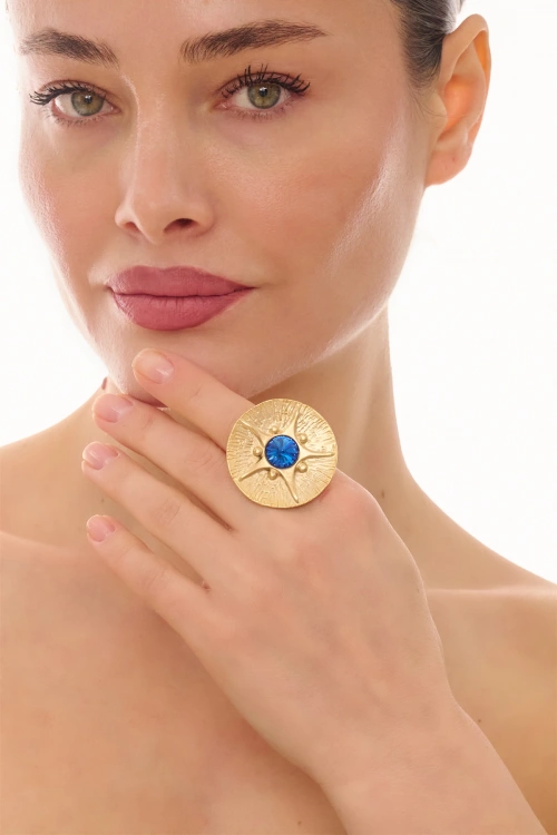 Kiraz Dark Blue Crystal Stoned Gold Plated Ring