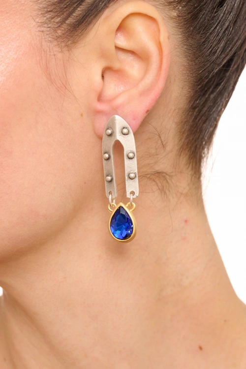 Kiraz Dark Blue Crystal Stoned Silver And Gold Plated Earring